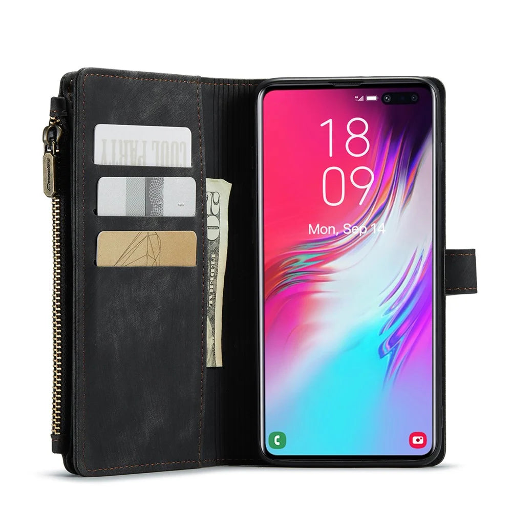 For Samsung Galaxy S10 Plus Phone Cases with Strap CASEME C30 Zipper Multiple Card Holder PU Leather Cover - Black - 5