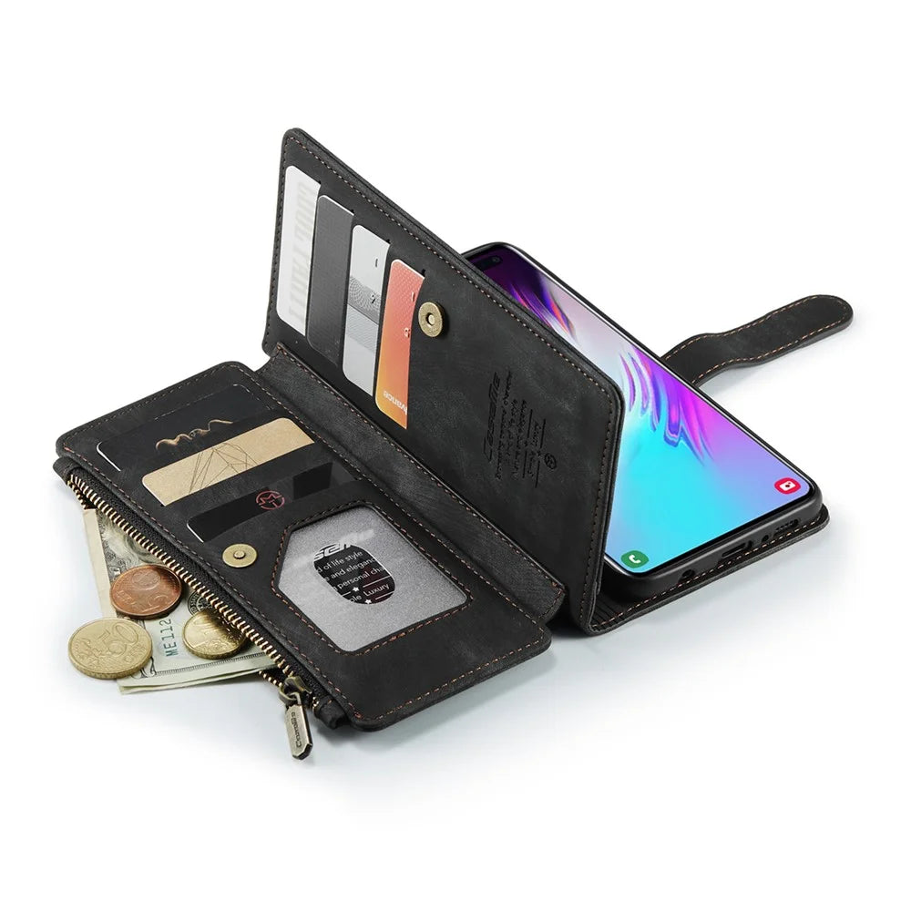 For Samsung Galaxy S10 Plus Phone Cases with Strap CASEME C30 Zipper Multiple Card Holder PU Leather Cover - Black - 6