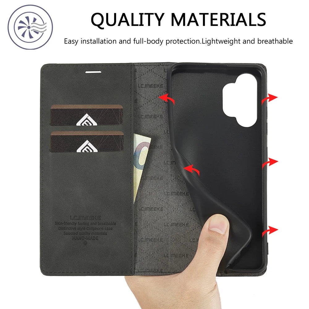 LC.IMEEKE Leather Well-Protected Anti-Fall Wallet Design Strong Magnetic Phone Shell Case with Stand for Samsung Galaxy A32 5G / M32 5G - Black - 5