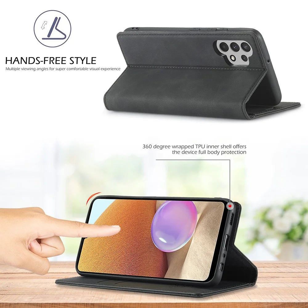 LC.IMEEKE Leather Anti-Drop Durable Wallet Stand Strong Magnetic Phone Protective Shell Case for Samsung Galaxy A32 4G (EU Version) - Black - 4
