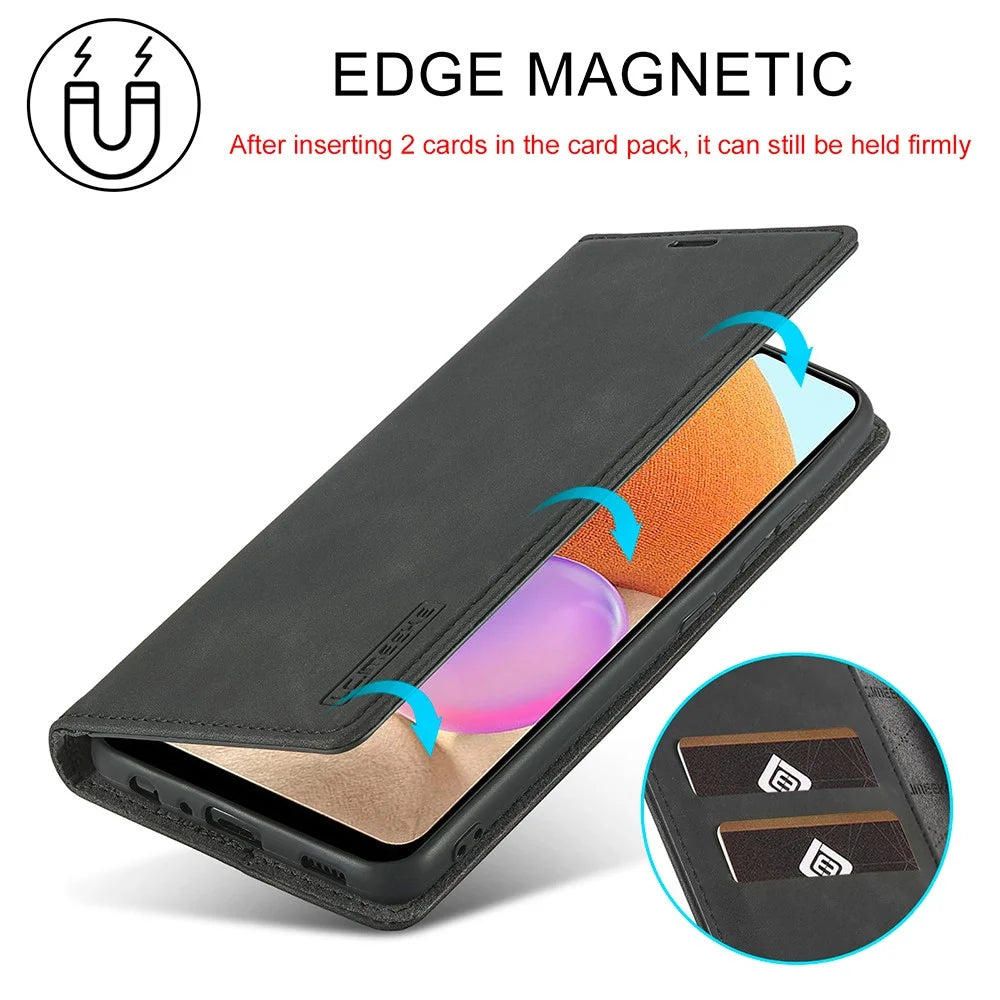 LC.IMEEKE Leather Anti-Drop Durable Wallet Stand Strong Magnetic Phone Protective Shell Case for Samsung Galaxy A32 4G (EU Version) - Black - 6