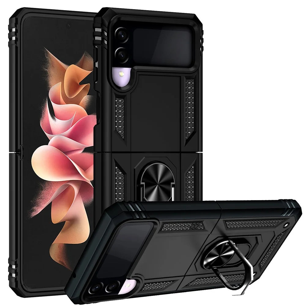 Military Grade Shockproof Phone Cover Shell with Finger Ring Kickstand for Samsung Galaxy Z Flip3 5G - Black - 1