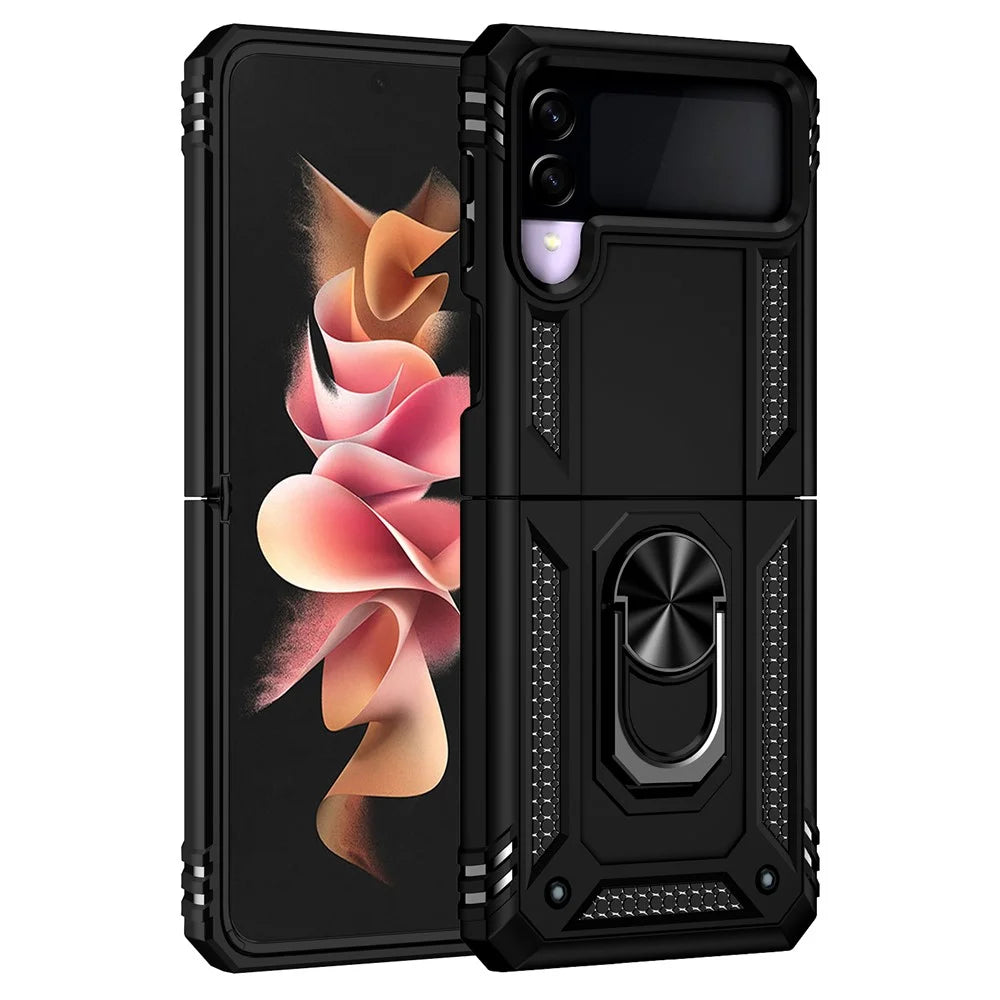 Military Grade Shockproof Phone Cover Shell with Finger Ring Kickstand for Samsung Galaxy Z Flip3 5G - Black - 2