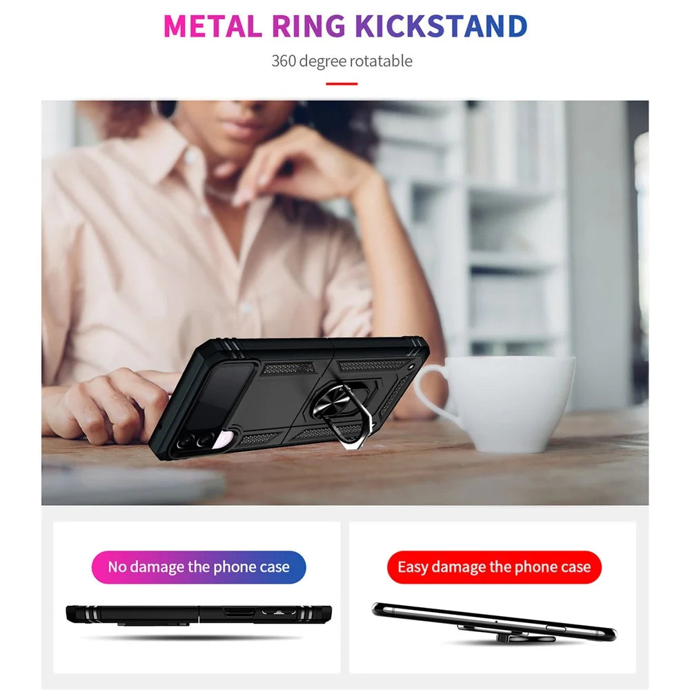 Military Grade Shockproof Phone Cover Shell with Finger Ring Kickstand for Samsung Galaxy Z Flip3 5G - Black - 3