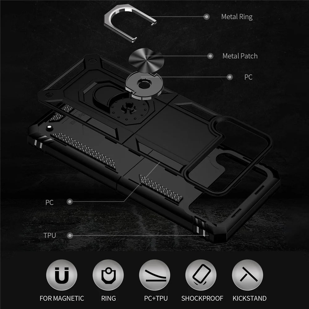 Military Grade Shockproof Phone Cover Shell with Finger Ring Kickstand for Samsung Galaxy Z Flip3 5G - Black - 4