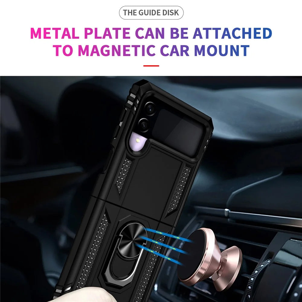 Military Grade Shockproof Phone Cover Shell with Finger Ring Kickstand for Samsung Galaxy Z Flip3 5G - Black - 5