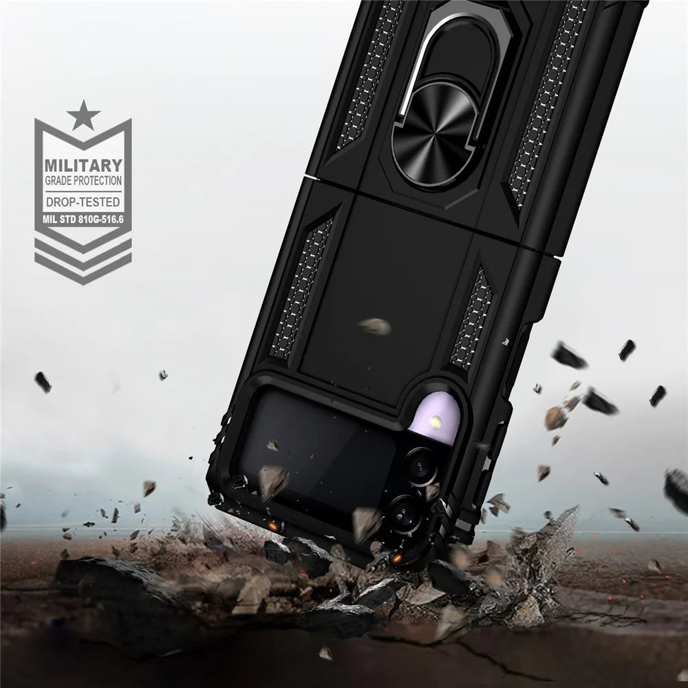 Military Grade Shockproof Phone Cover Shell with Finger Ring Kickstand for Samsung Galaxy Z Flip3 5G - Black - 6