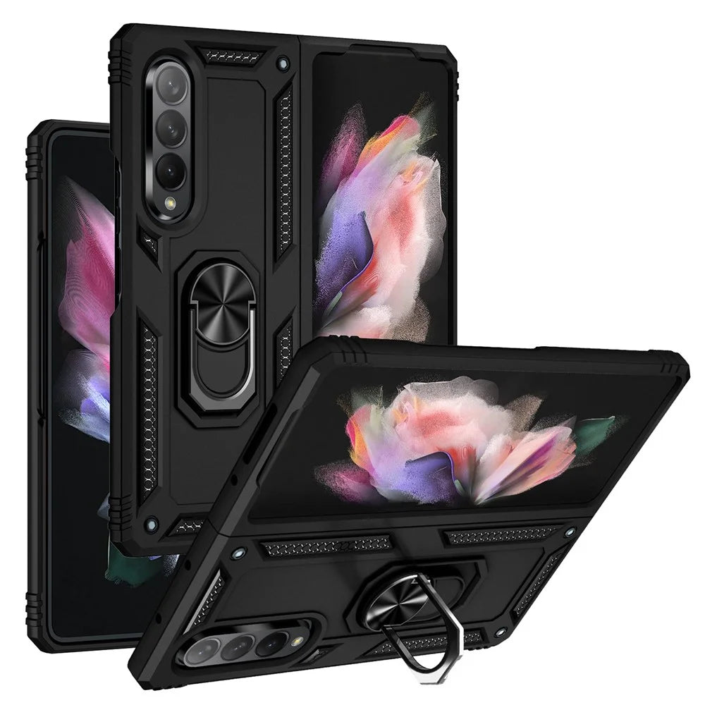 Ring Holder Kickstand Design Anti-fall PC + TPU + Metal Hybrid Phone Cover Shell for Samsung Galaxy Z Fold3 5G - Black - 1