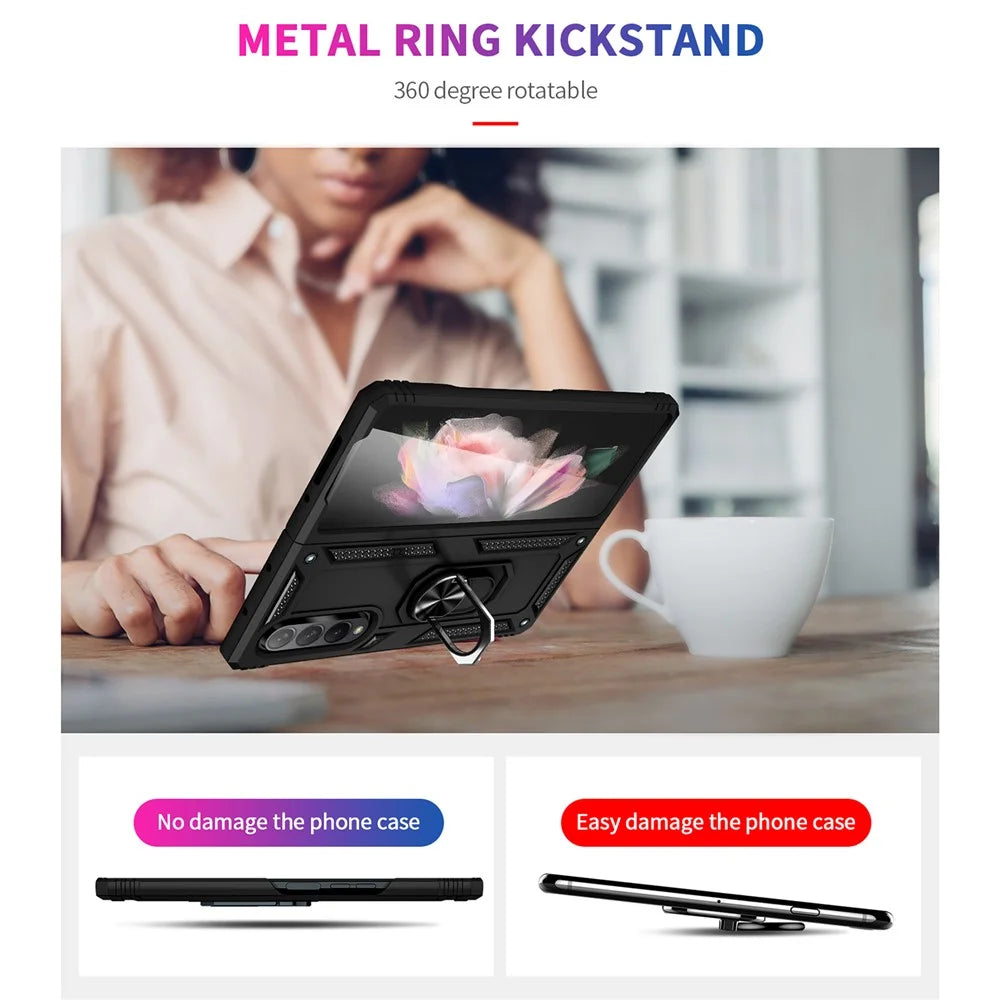 Ring Holder Kickstand Design Anti-fall PC + TPU + Metal Hybrid Phone Cover Shell for Samsung Galaxy Z Fold3 5G - Black - 3