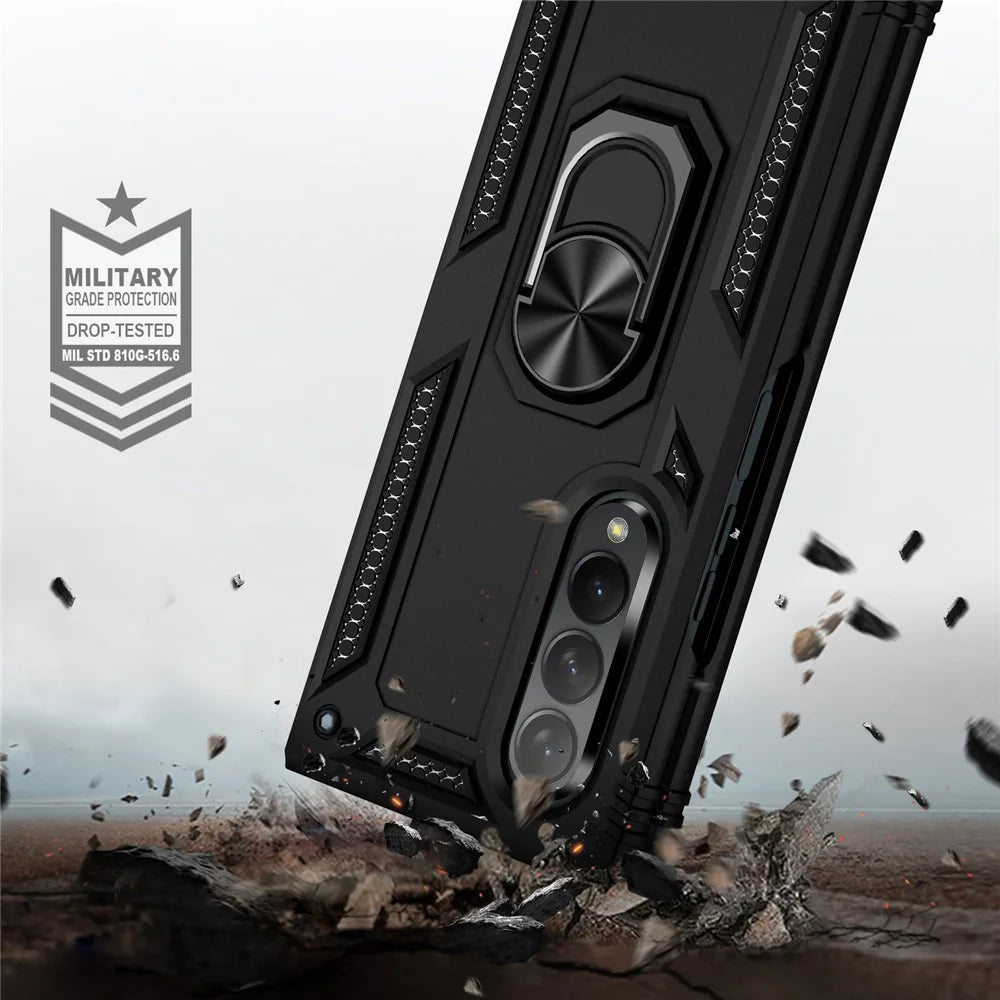 Ring Holder Kickstand Design Anti-fall PC + TPU + Metal Hybrid Phone Cover Shell for Samsung Galaxy Z Fold3 5G - Black - 6