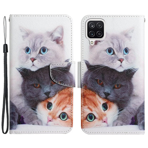 Cross Texture Pattern Printing PU Leather Protective Phone Cover Case with Stand Wallet for Samsung Galaxy A12 - Three Cats - 1