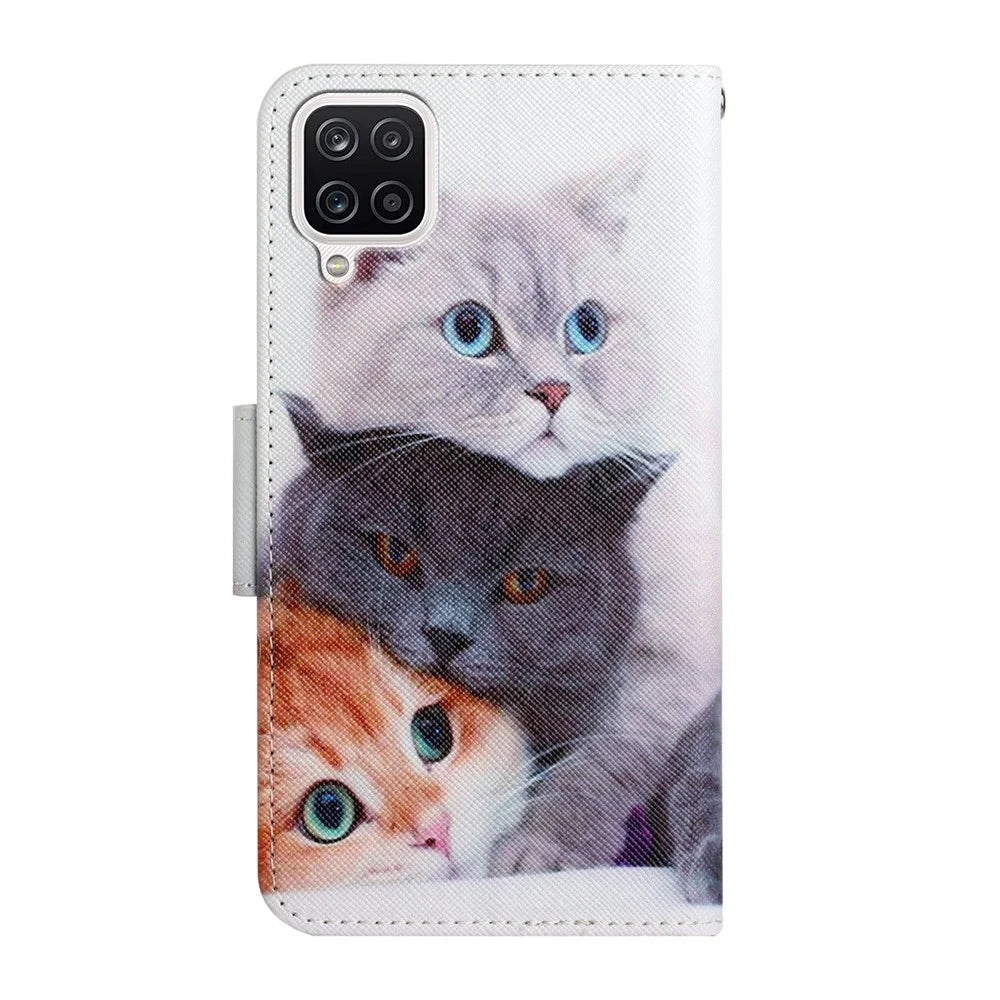 Cross Texture Pattern Printing PU Leather Protective Phone Cover Case with Stand Wallet for Samsung Galaxy A12 - Three Cats - 5