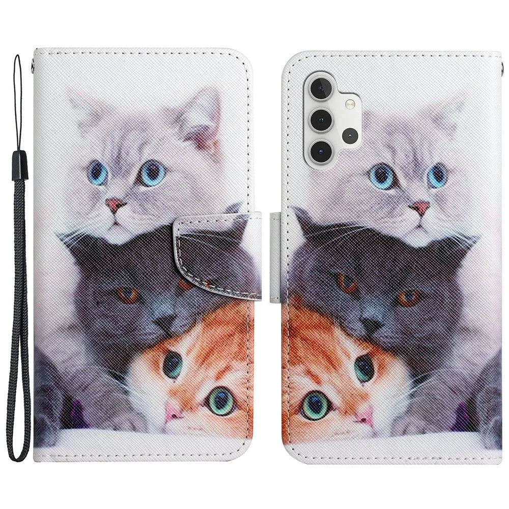 Pattern Printing All-round Protection Wallet Stand Leather Phone Case Shell with Strap for Samsung Galaxy A32 5G / M32 5G - Three Cats - 1