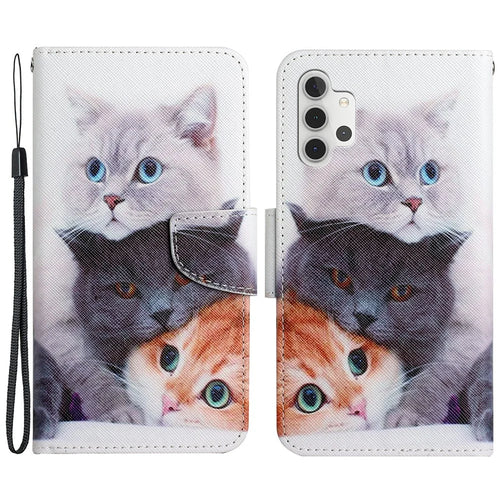 Pattern Printing All-round Protection Wallet Stand Leather Phone Case Shell with Strap for Samsung Galaxy A32 5G / M32 5G - Three Cats - 1