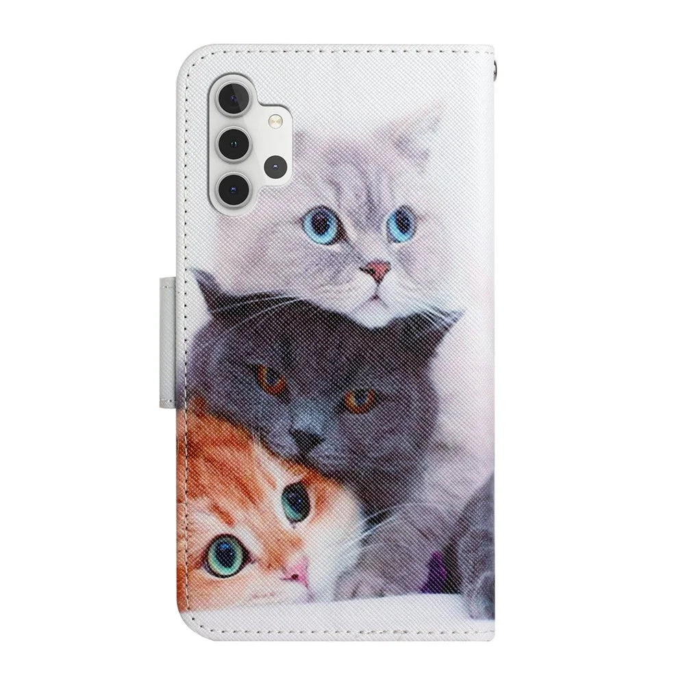 Pattern Printing All-round Protection Wallet Stand Leather Phone Case Shell with Strap for Samsung Galaxy A32 5G / M32 5G - Three Cats - 5