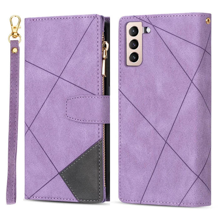 Splicing Design Leather Phone Case Wallet Stand Protective Cover for Samsung Galaxy S21 FE 5G / S21 Fan Edition - Purple - 1