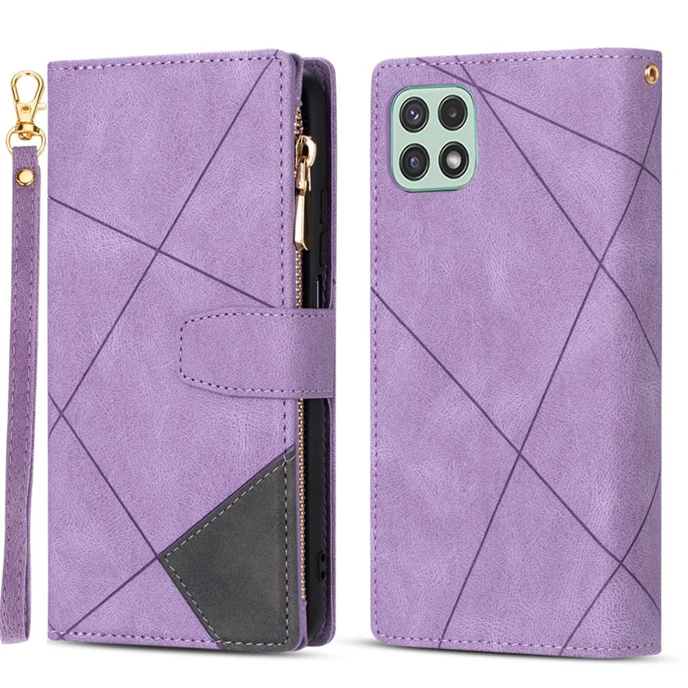 Scratch Resistant Splicing Design Leather Phone Case Wallet Stand Protective Cover for Samsung Galaxy A22 5G (EU Version) - Purple - 1