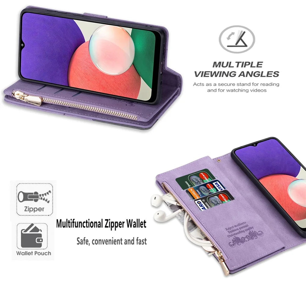 Scratch Resistant Splicing Design Leather Phone Case Wallet Stand Protective Cover for Samsung Galaxy A22 5G (EU Version) - Purple - 6
