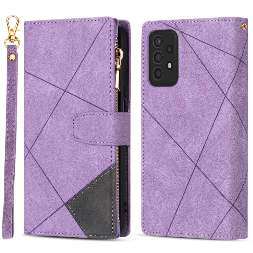 Shockproof Splicing Design Leather + TPU Phone Case Wallet Stand Protective Cover for Samsung Galaxy A52 5G / A52s 5G / A52 4G - Purple - 1