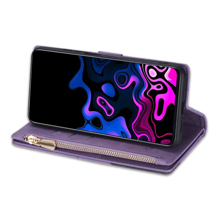 Shockproof Splicing Design Leather + TPU Phone Case Wallet Stand Protective Cover for Samsung Galaxy A52 5G / A52s 5G / A52 4G - Purple - 5