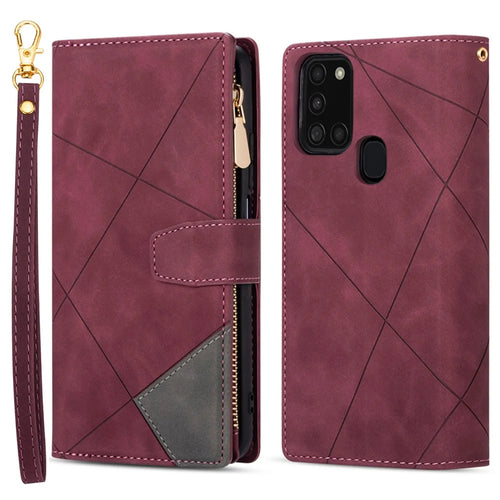 Anti-Drop Stylish Lines Splicing Wallet Design Leather Phone Cover Case with Stand for Samsung Galaxy A21s - Red - 1