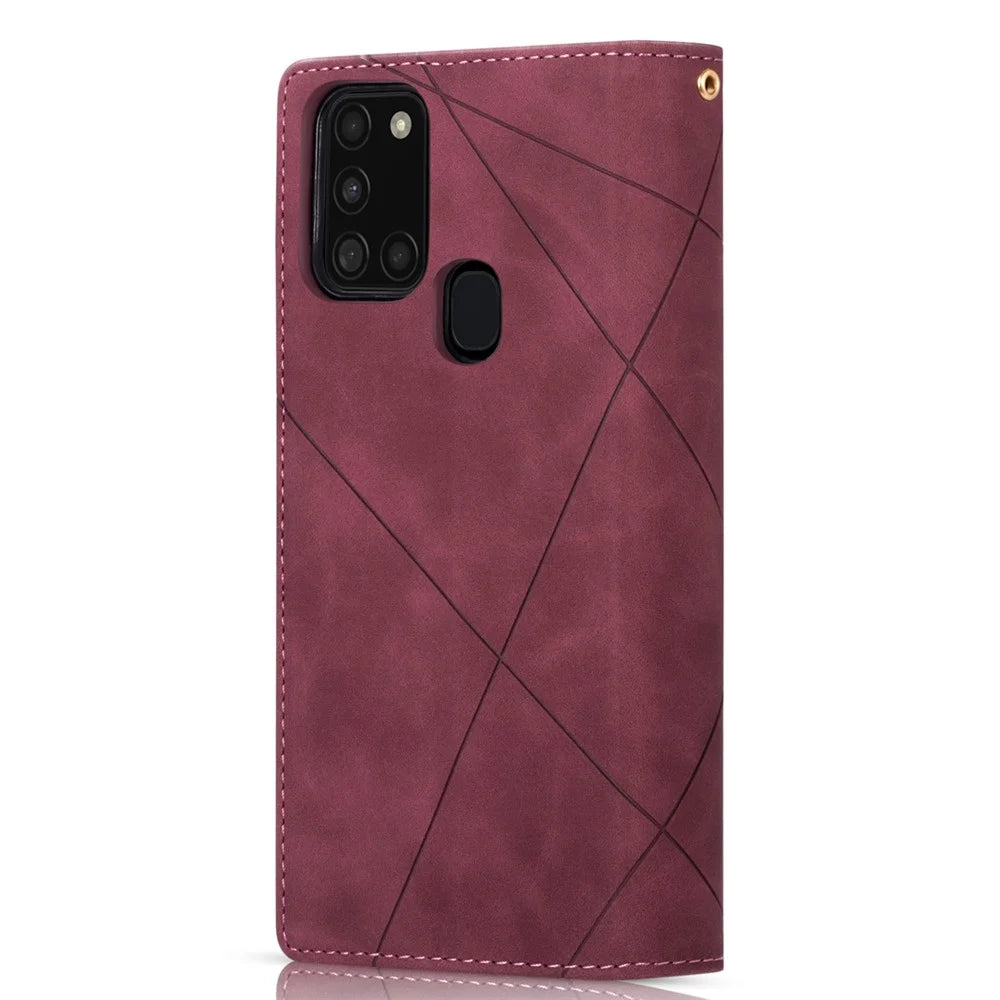 Anti-Drop Stylish Lines Splicing Wallet Design Leather Phone Cover Case with Stand for Samsung Galaxy A21s - Red - 3