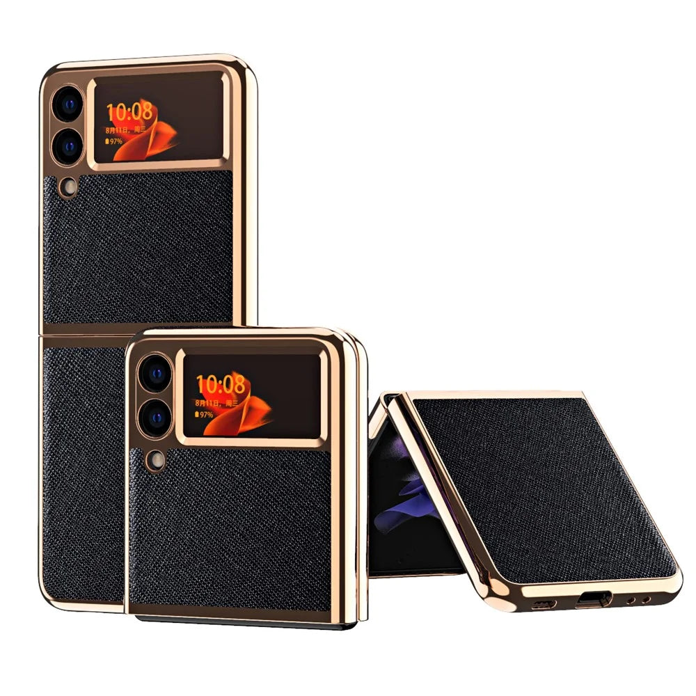 Electroplating Cross Texture PU Leather Folding Phone Protective Case for Samsung Galaxy Z Flip3 5G - Black - 1
