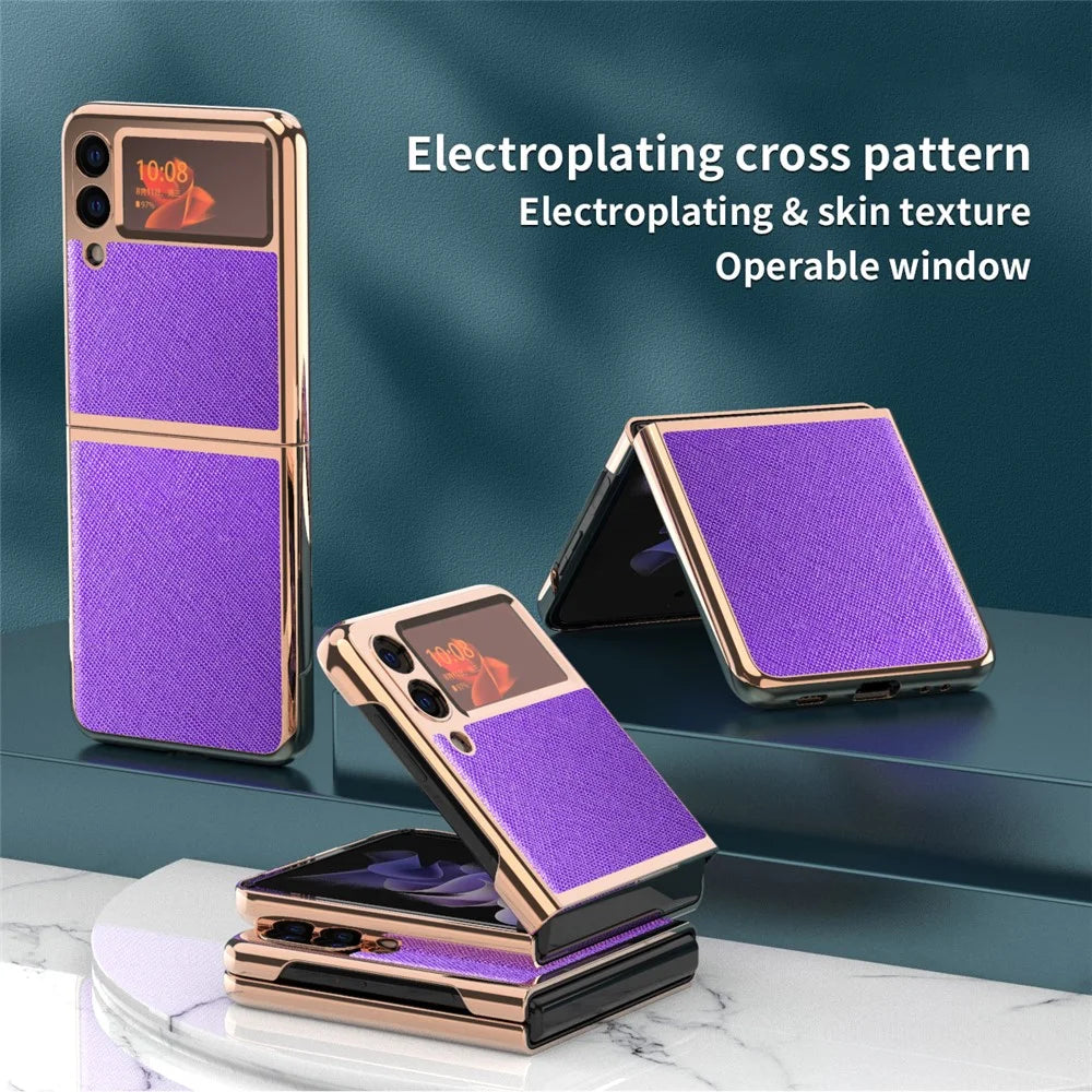 Electroplating Cross Texture PU Leather Folding Phone Protective Case for Samsung Galaxy Z Flip3 5G - Black - 2