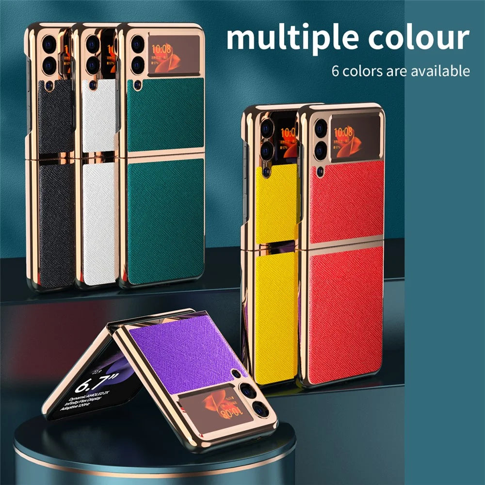 Electroplating Cross Texture PU Leather Folding Phone Protective Case for Samsung Galaxy Z Flip3 5G - Black - 3