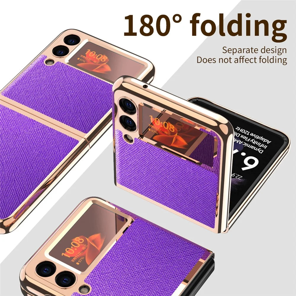 Electroplating Cross Texture PU Leather Folding Phone Protective Case for Samsung Galaxy Z Flip3 5G - Black - 5