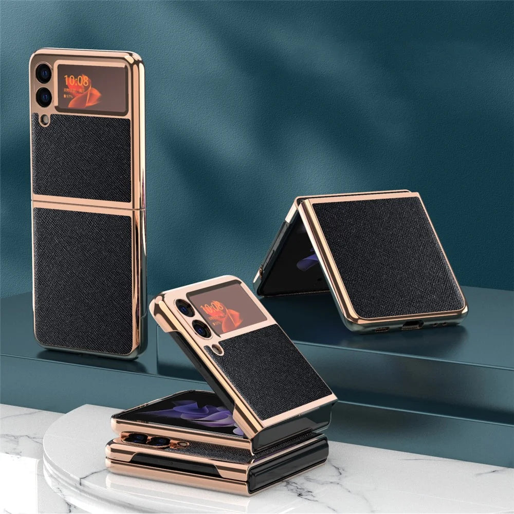 Electroplating Cross Texture PU Leather Folding Phone Protective Case for Samsung Galaxy Z Flip3 5G - Black - 7