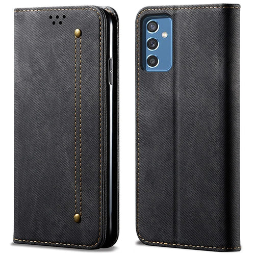 Scratch Resistant Flip Phone Cover Jeans Cloth Texture Leather Wallet Stand Case for Samsung Galaxy M52 5G - Black - 1