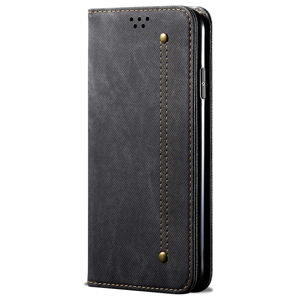 Scratch Resistant Flip Phone Cover Jeans Cloth Texture Leather Wallet Stand Case for Samsung Galaxy M52 5G - Black - 2