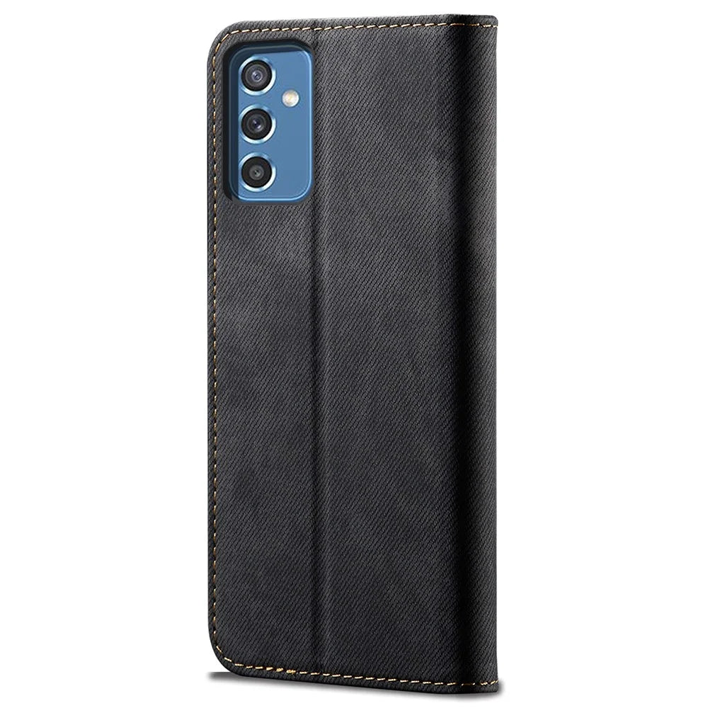 Scratch Resistant Flip Phone Cover Jeans Cloth Texture Leather Wallet Stand Case for Samsung Galaxy M52 5G - Black - 3
