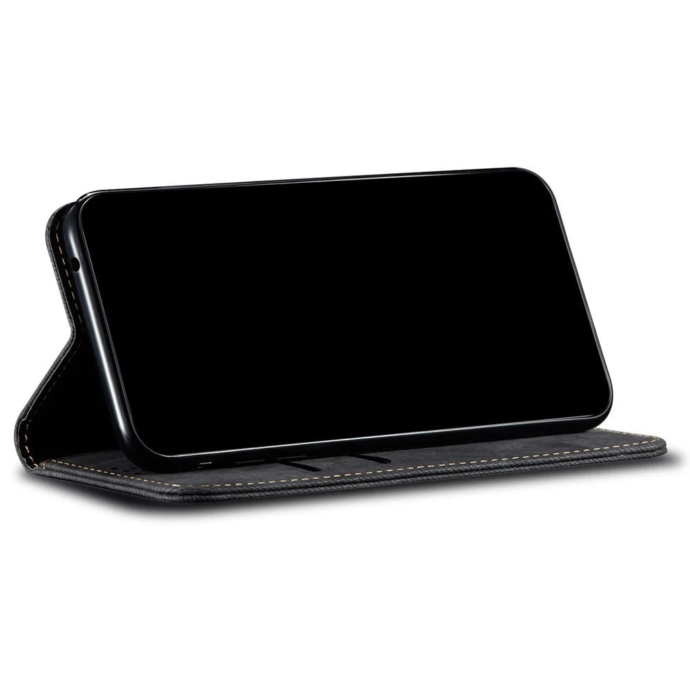 Scratch Resistant Flip Phone Cover Jeans Cloth Texture Leather Wallet Stand Case for Samsung Galaxy M52 5G - Black - 4