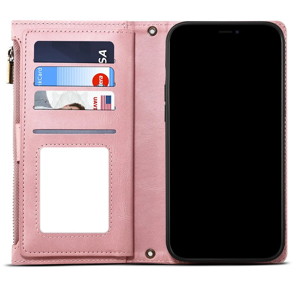 Wallet Phone Cover Protective Zippered Pocket with Strap Card Slots Multifunctional Case Phone Case with Stand for Samsung Galaxy A42 5G - Pink - 5