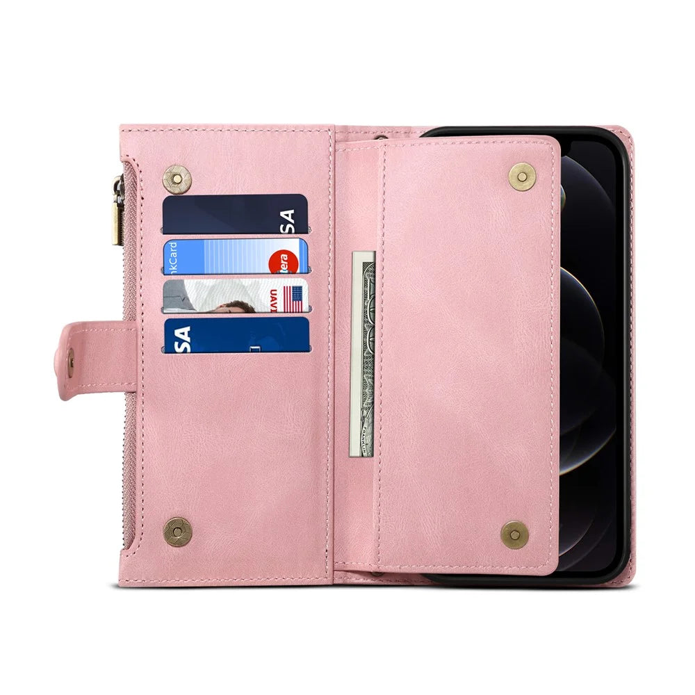 Wallet Phone Cover Protective Zippered Pocket with Strap Card Slots Multifunctional Case Phone Case with Stand for Samsung Galaxy A42 5G - Pink - 6