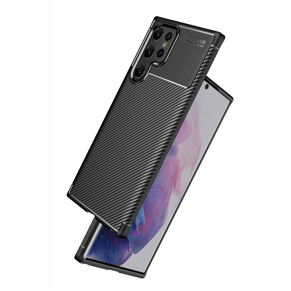 Carbon Fiber Soft TPU Slim Fashion Anti-Slip Protective Back Cover for Samsung Galaxy S22 Ultra - Black - 3