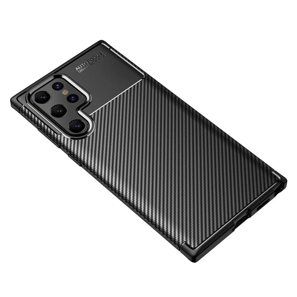 Carbon Fiber Soft TPU Slim Fashion Anti-Slip Protective Back Cover for Samsung Galaxy S22 Ultra - Black - 4