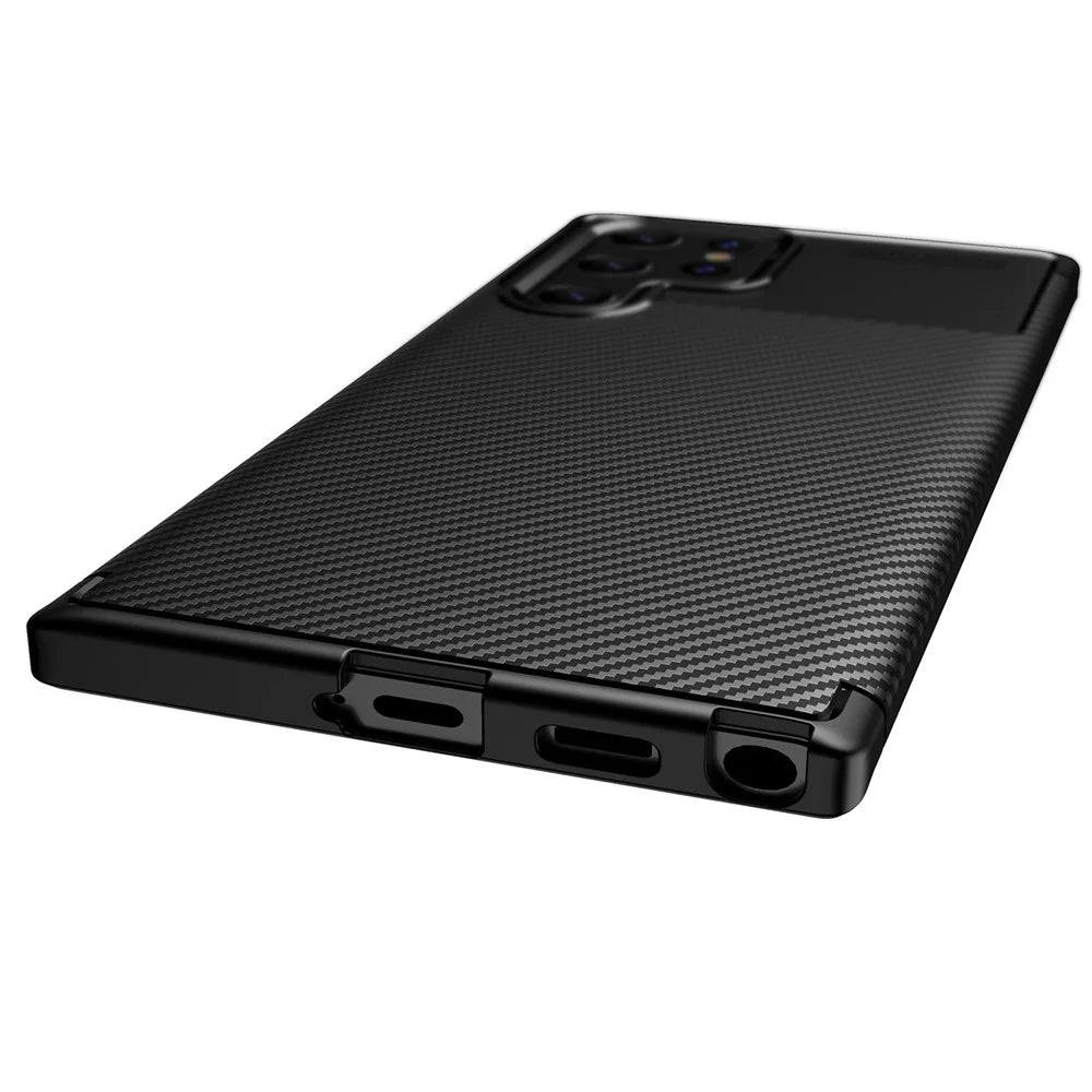 Carbon Fiber Soft TPU Slim Fashion Anti-Slip Protective Back Cover for Samsung Galaxy S22 Ultra - Black - 5