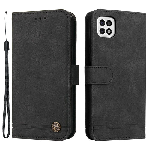 For Samsung Galaxy A22 5G (US) Leather Wallet Cases Skin Touch Phone Cover Stand with Strap - Black - 1
