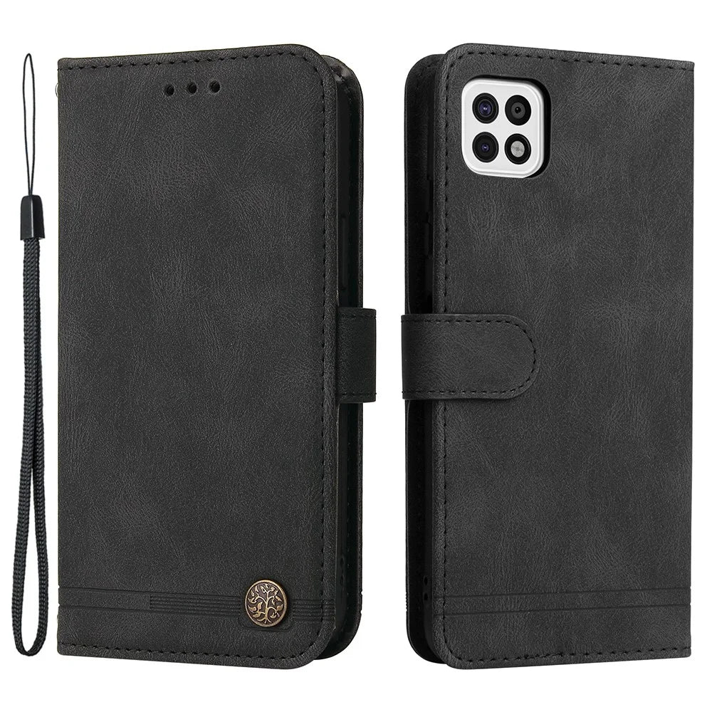 For Samsung Galaxy A22 5G (US) Leather Wallet Cases Skin Touch Phone Cover Stand with Strap - Black - 1