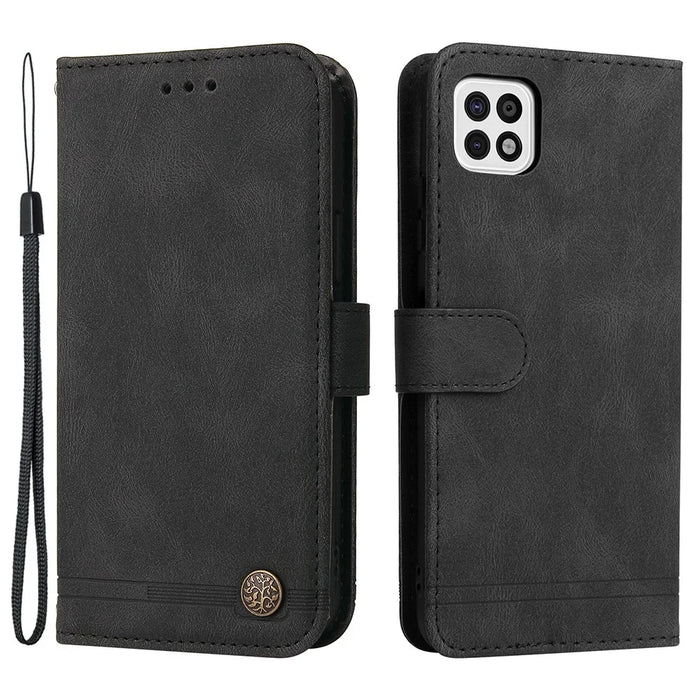 For Samsung Galaxy A22 5G (US) Leather Wallet Cases Skin Touch Phone Cover Stand with Strap - Black - 1