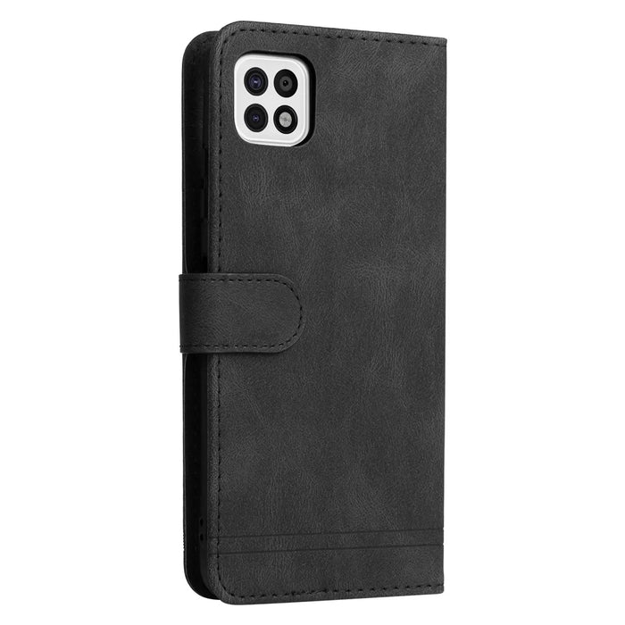 For Samsung Galaxy A22 5G (US) Leather Wallet Cases Skin Touch Phone Cover Stand with Strap - Black - 4