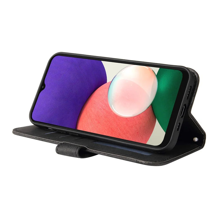 For Samsung Galaxy A22 5G (US) Leather Wallet Cases Skin Touch Phone Cover Stand with Strap - Black - 5