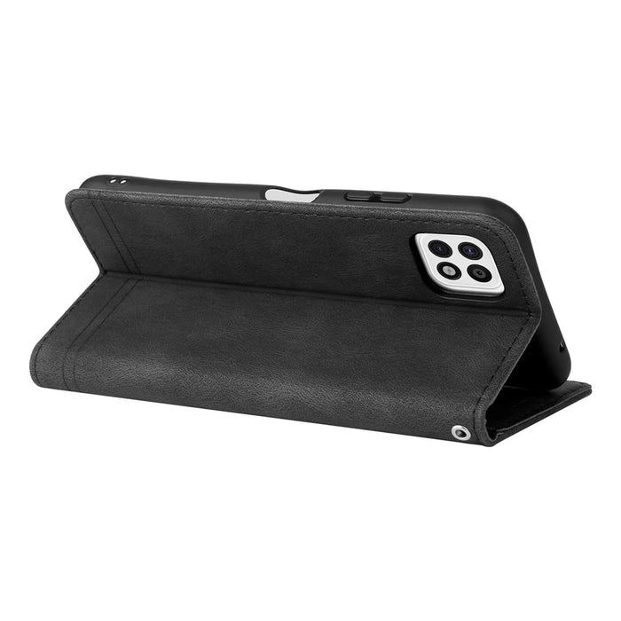 For Samsung Galaxy A22 5G (US) Leather Wallet Cases Skin Touch Phone Cover Stand with Strap - Black - 6