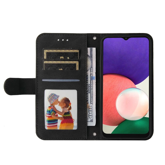 For Samsung Galaxy A22 5G (US) Leather Wallet Cases Skin Touch Phone Cover Stand with Strap - Black - 7