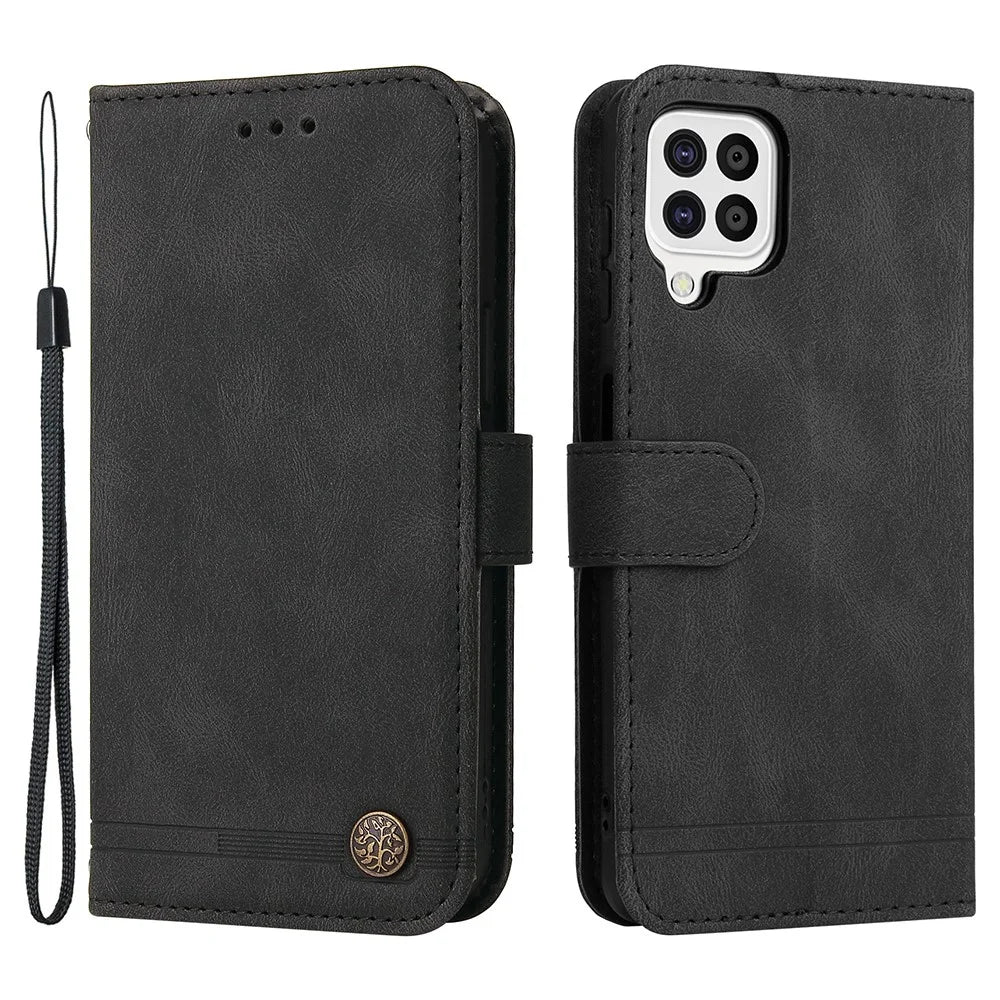 For Samsung Galaxy A22 4G (EU) / M22 Leather Wallet Cases Skin Touch Phone Cover Stand with Strap - Black - 1