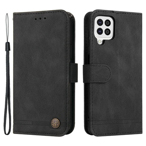 For Samsung Galaxy A22 4G (EU) / M22 Leather Wallet Cases Skin Touch Phone Cover Stand with Strap - Black - 1