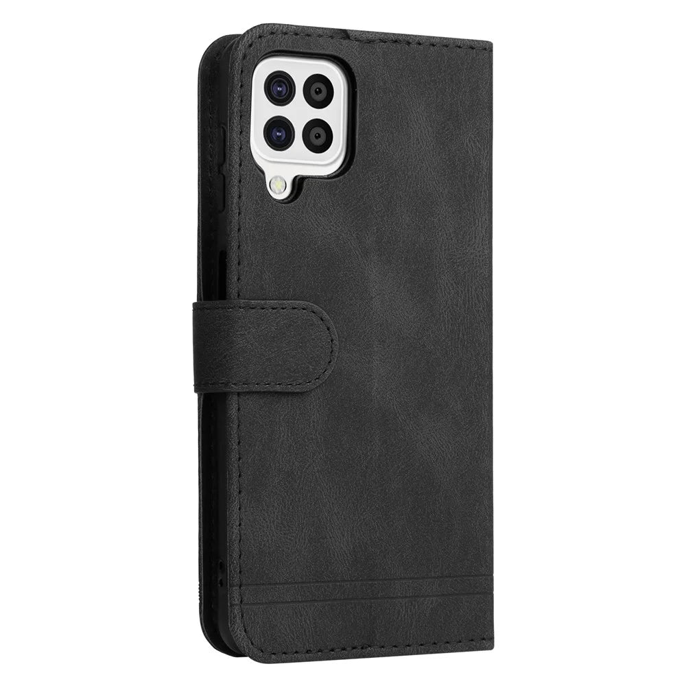 For Samsung Galaxy A22 4G (EU) / M22 Leather Wallet Cases Skin Touch Phone Cover Stand with Strap - Black - 4